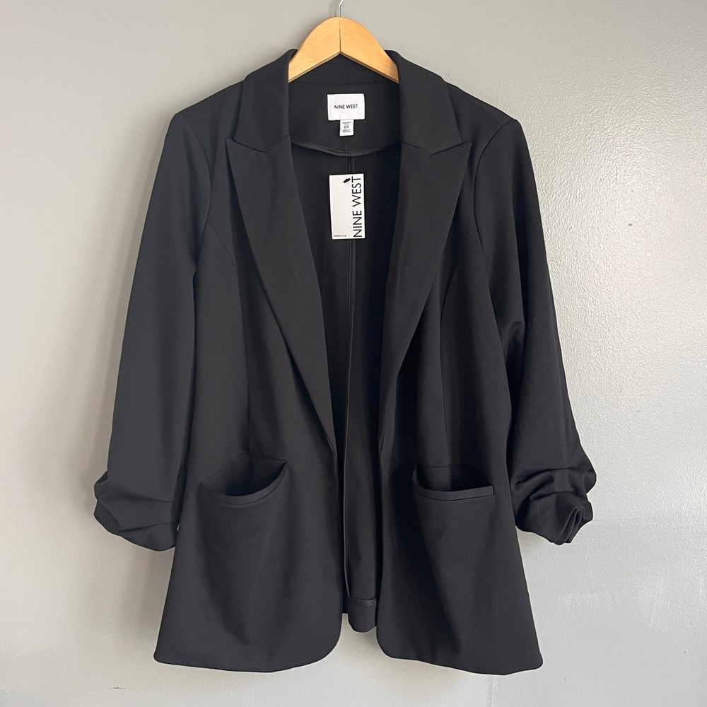 Nine West Knit Blazer Womens 0X Black Ruched 3/4 Sleeve Open Front Stretch NWT